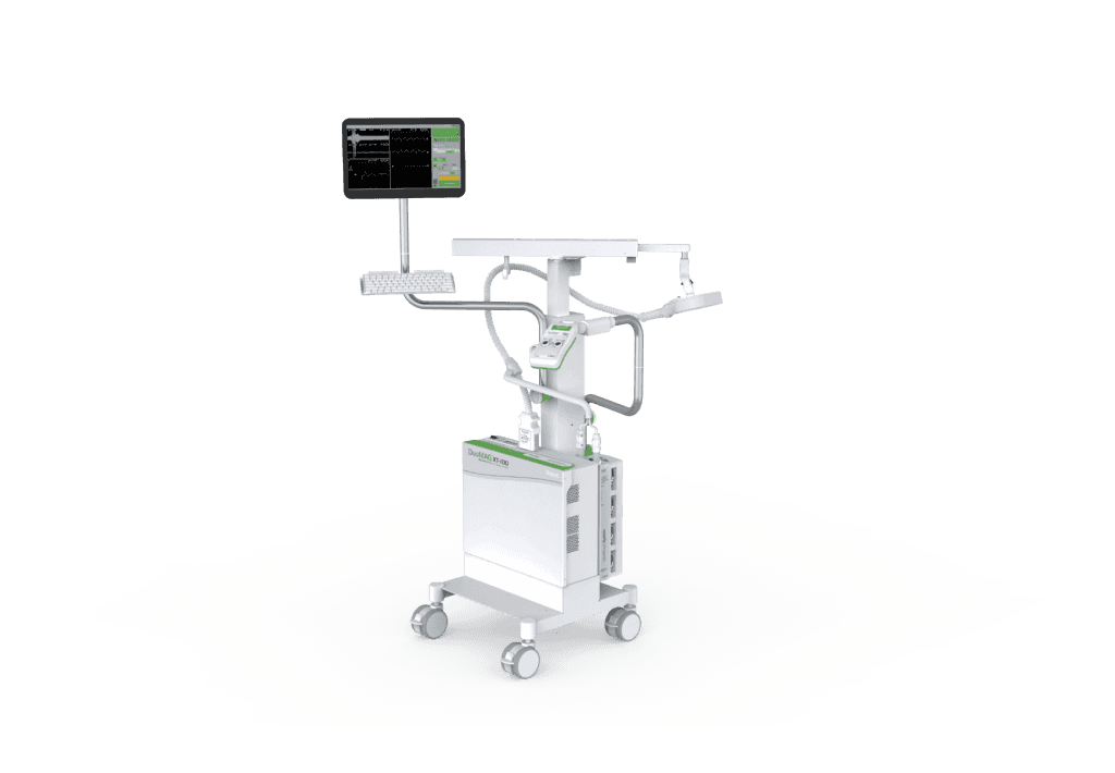 Système rTMS DuoMAG XT sur chariot avec bras de stimulation et écran de contrôle