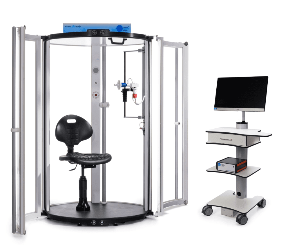 Pléthysmographe Smart PFT Body : vue principale du dispositif et de ses principaux composants visibles