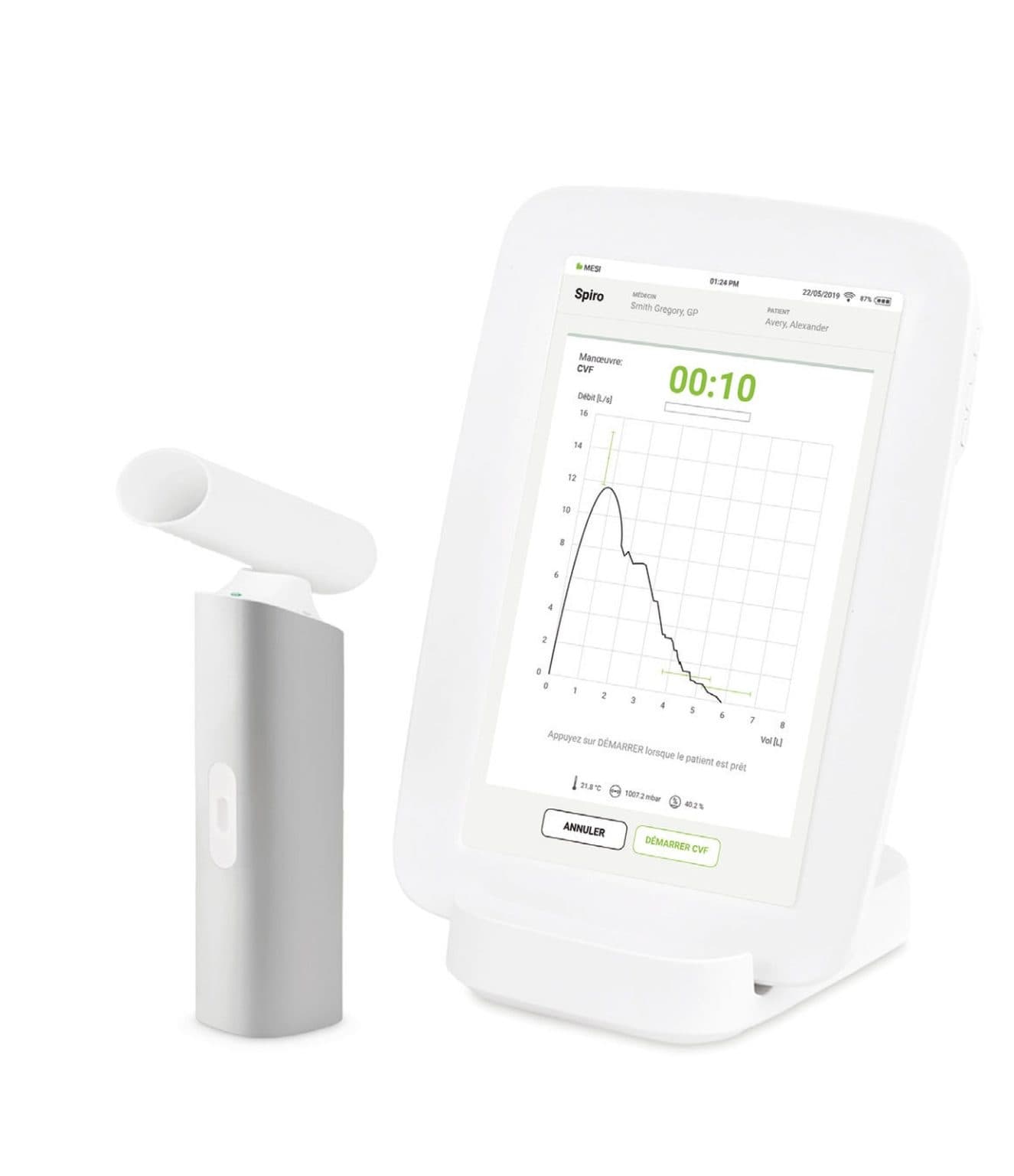 Spiromètre sans fil MESI mTABLET SPIRO avec embout et tablette affichant une courbe respiratoire