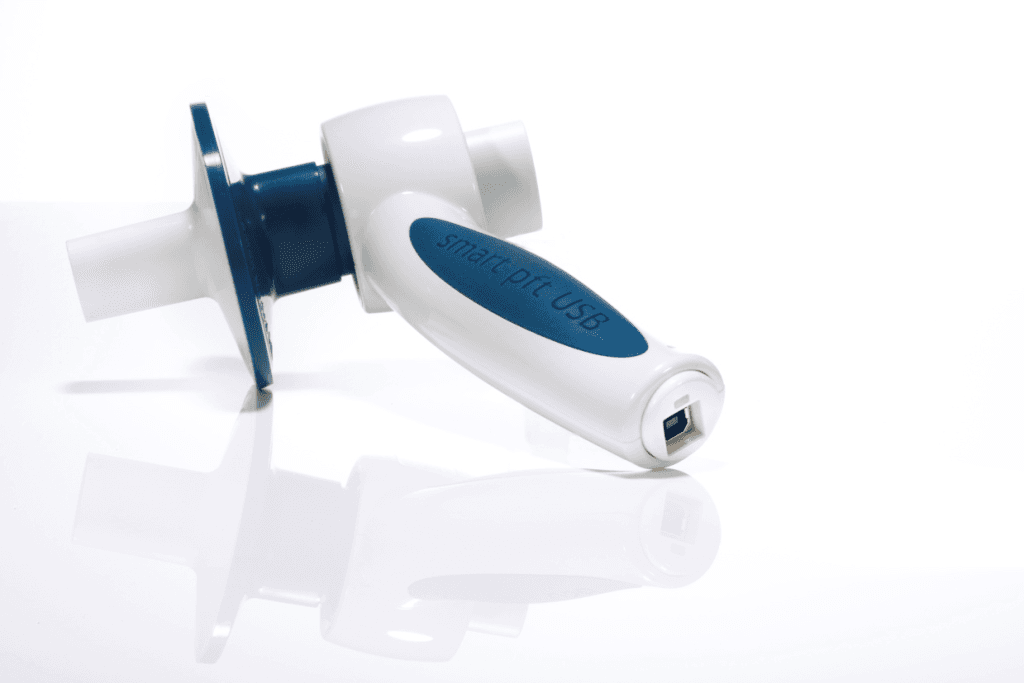 Spiromètre USB smart pft USB : vue principale du dispositif et de ses principaux composants visibles
