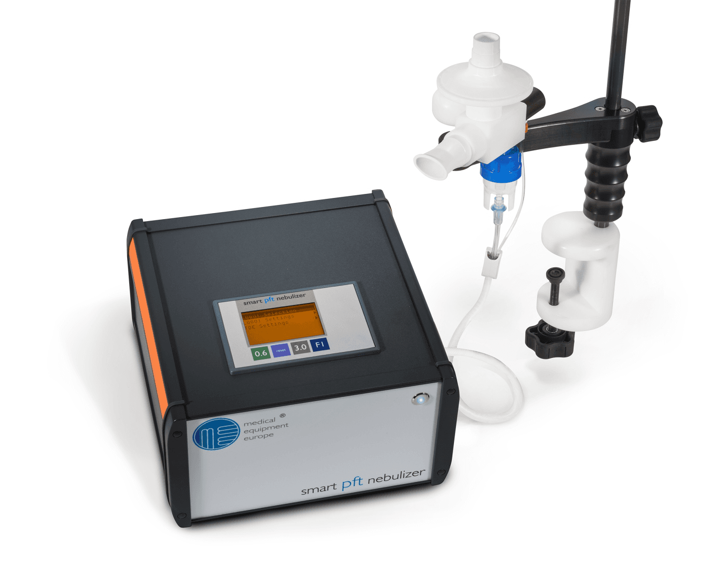 Nébuliseur de provocation bronchique Smart PFT Nebulizer : vue principale du dispositif et de ses principaux composants visibles