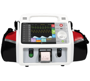 Défibrillateur multiparamétrique Rescue Life 9 : vue frontale du défibrillateur avec écran multiparamétrique et accessoires de secours
