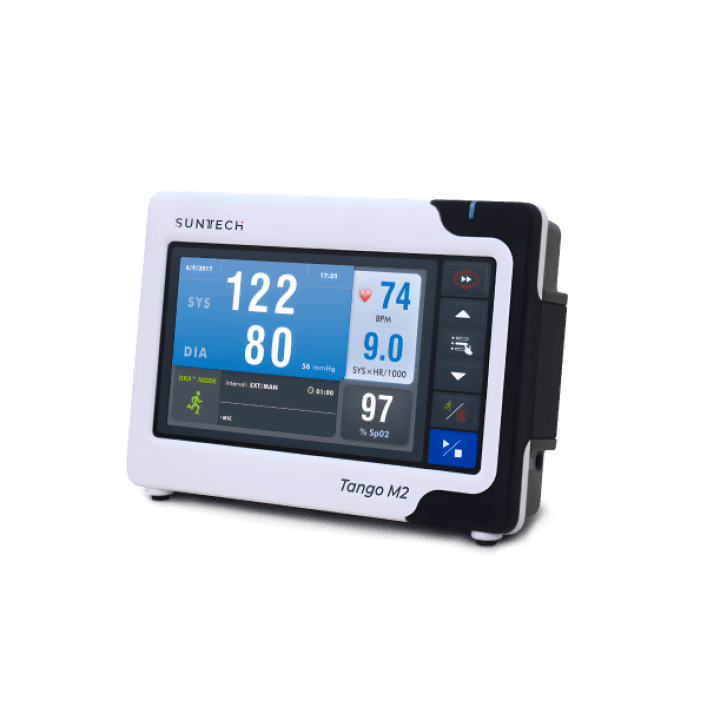 Tensiomètre automatique d'effort SunTech Tango M2 : moniteur affichant pression artérielle, fréquence cardiaque et saturation pendant l’effort