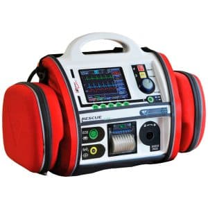 Défibrillateur multiparamétrique Rescue Life 9 : dans sa sacoche du défibrillateur avec écran multiparamétrique et accessoires de secours