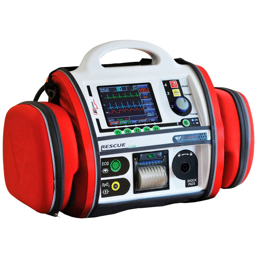 Défibrillateur multiparamétrique Rescue Life 9 : dans sa sacoche du défibrillateur avec écran multiparamétrique et accessoires de secours