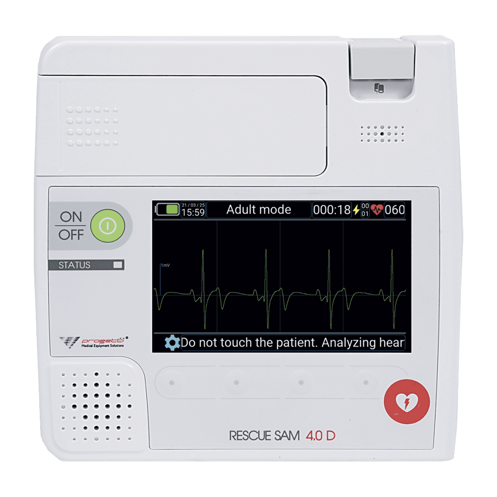 Défibrillateur automatisé externe Rescue Sam 4.0 D : vue principale du défibrillateur automatisé et de ses accessoires d’intervention