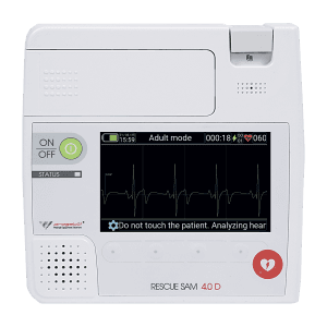 Défibrillateur automatisé externe Rescue Sam 4.0 D : vue principale du défibrillateur automatisé et de ses accessoires d’intervention