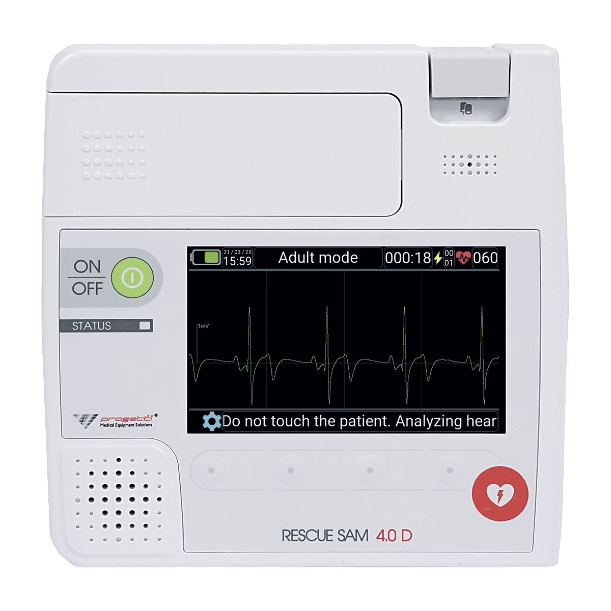 Défibrillateur automatisé externe Rescue Sam 4.0 D : vue principale du défibrillateur automatisé et de ses accessoires d’intervention