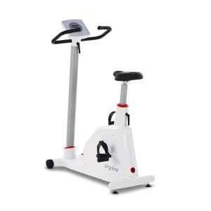 Ergomètre vélo Ergoselect 1 : vue inclinée montrant la structure, les appuis et les possibilités de réglage de l’ergomètre