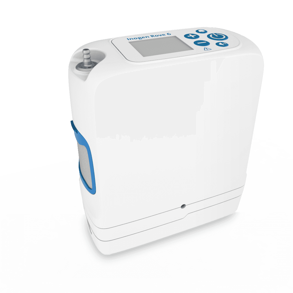 Concentrateur d'oxygène portable Inogen Rove 6 : vue principale du dispositif et de ses principaux composants visibles