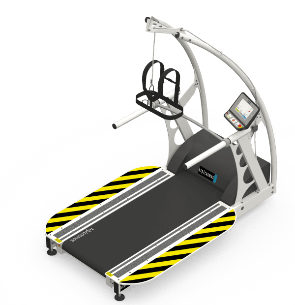 Tapis roulant médical H/P/Cosmos quasar® : vue de face du dispositif et de ses principaux composants visibles