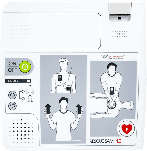 Défibrillateur automatisé externe Rescue Sam 4.0 : vue principale du défibrillateur automatisé et de ses accessoires d’intervention