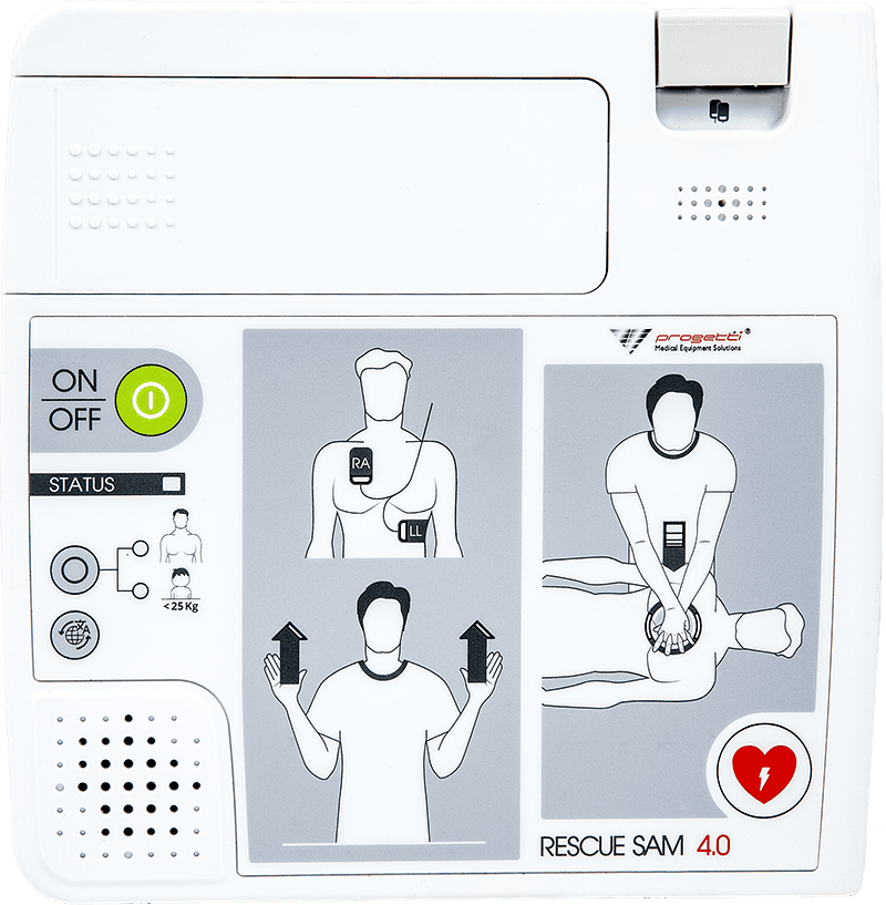 Défibrillateur automatisé externe Rescue Sam 4.0 : vue principale du défibrillateur automatisé et de ses accessoires d’intervention