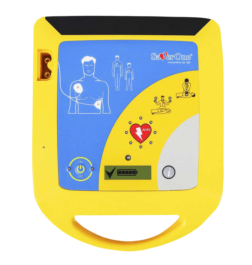 Défibrillateur SaverOne jaune avec poignée et instructions illustrées