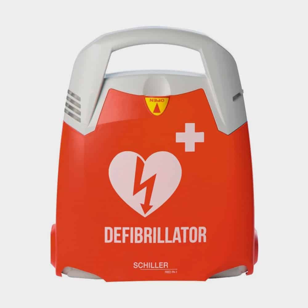 Défibrillateur automatisé externe FRED PA-1 : vue principale du dispositif et de ses principaux composants visibles