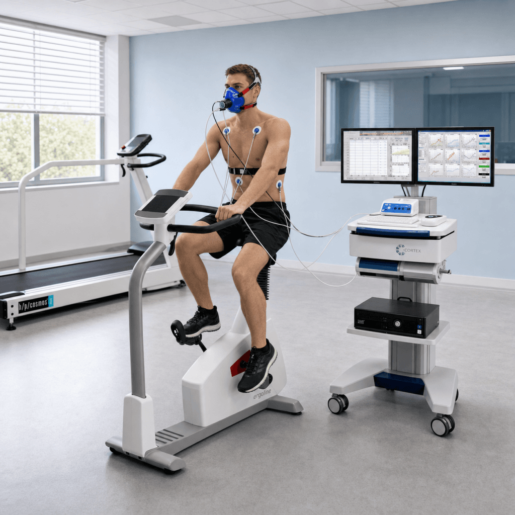Patient sur vélo ergométrique avec masque CPET, électrodes ECG et station de mesure