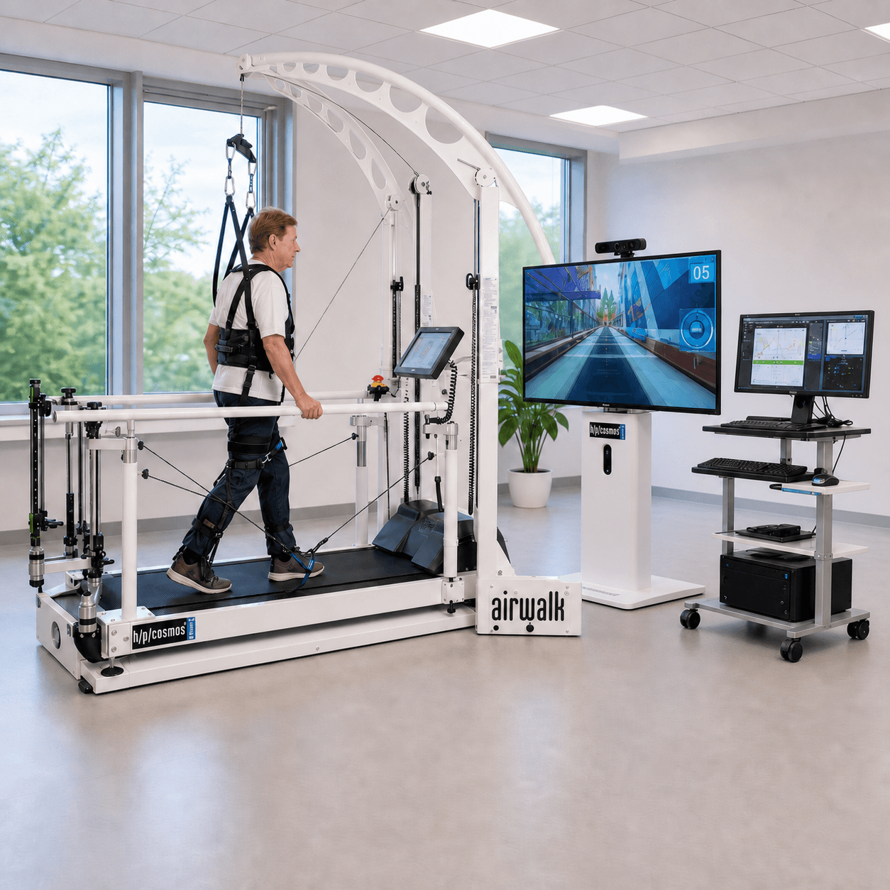 Pack neuro-rééducation à la marche : patient marchant sur tapis roulant avec harnais de délestage et écrans de rééducation