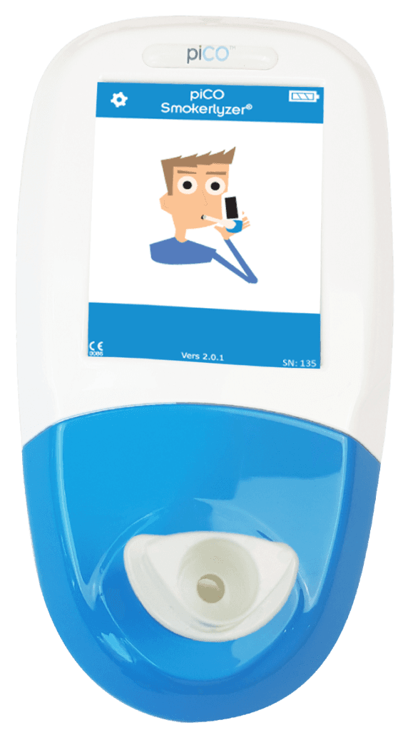 Analyseur de monoxyde de carbone expiré piCO Smokerlyzer : vue principale du dispositif et de ses principaux composants visibles