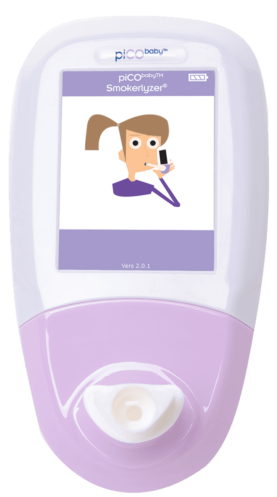 Analyseur de monoxyde de carbone expiré piCObaby Smokerlyzer : vue principale du dispositif et de ses principaux composants visibles