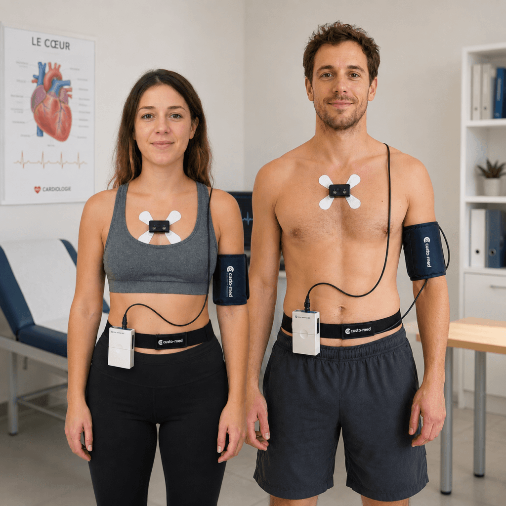 Femme et homme portant le système Custo Holter ABPM pour l’enregistrement simultané ECG et MAPA