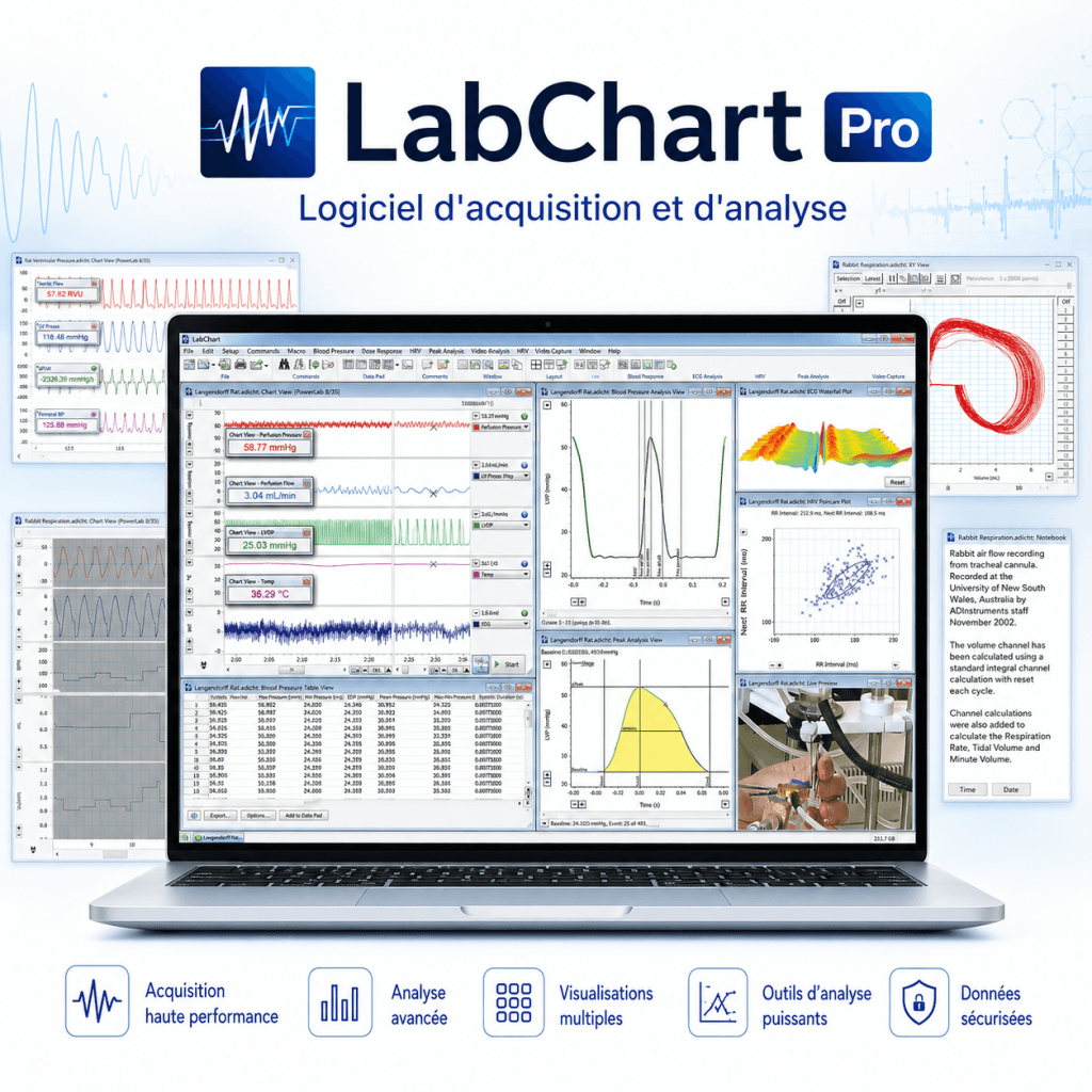 Logiciel d'acquisition et d'analyse LabChart Pro : vue principale du dispositif et de ses principaux composants visibles