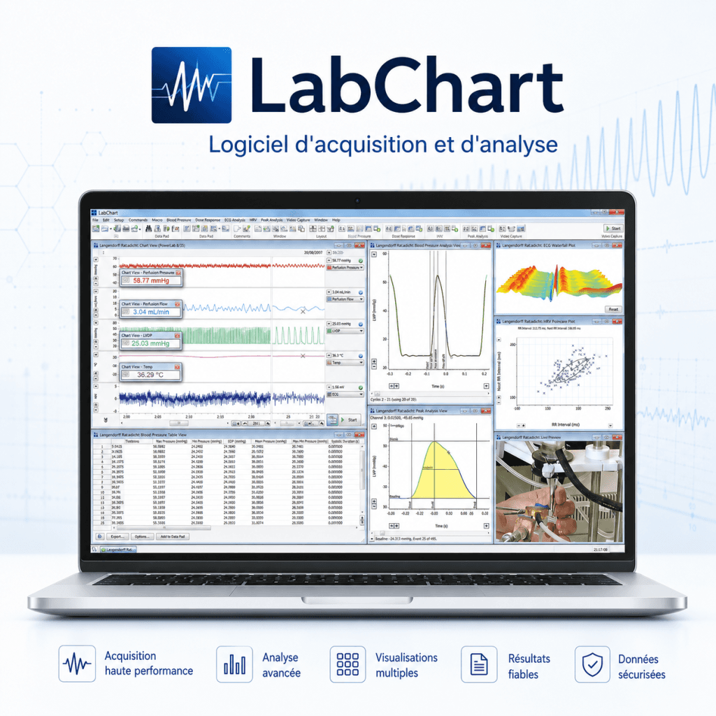 Logiciel d'acquisition et d'analyse LabChart : vue principale du dispositif et de ses principaux composants visibles