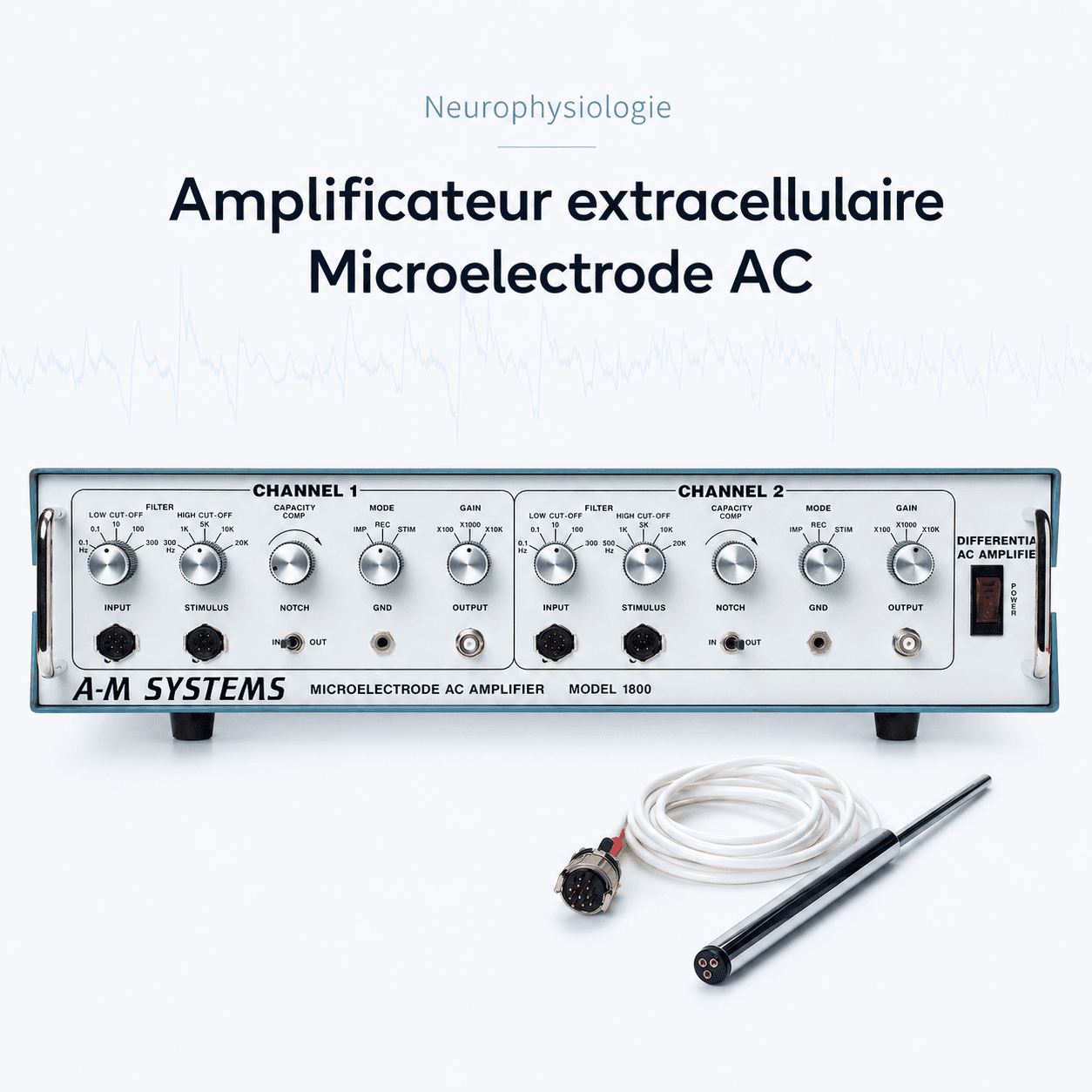 Amplificateur extracellulaire Microelectrode AC : vue principale du dispositif et de ses principaux composants visibles