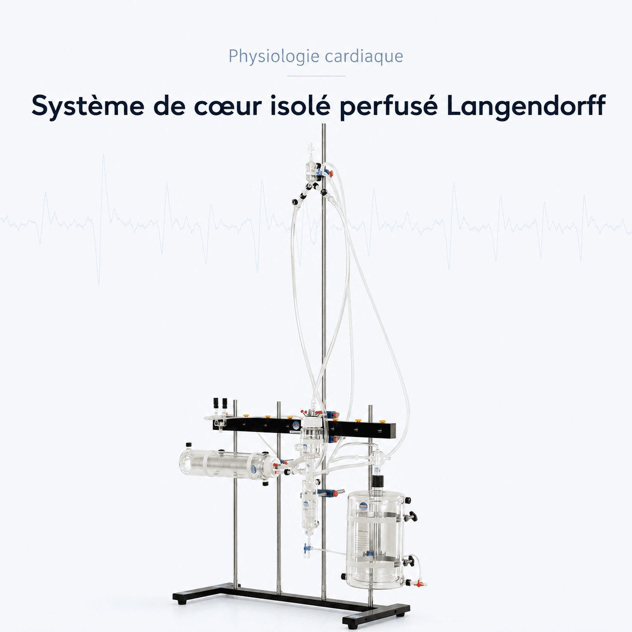 Système de cœur isolé perfusé Langendorff : vue principale du dispositif et de ses principaux composants visibles