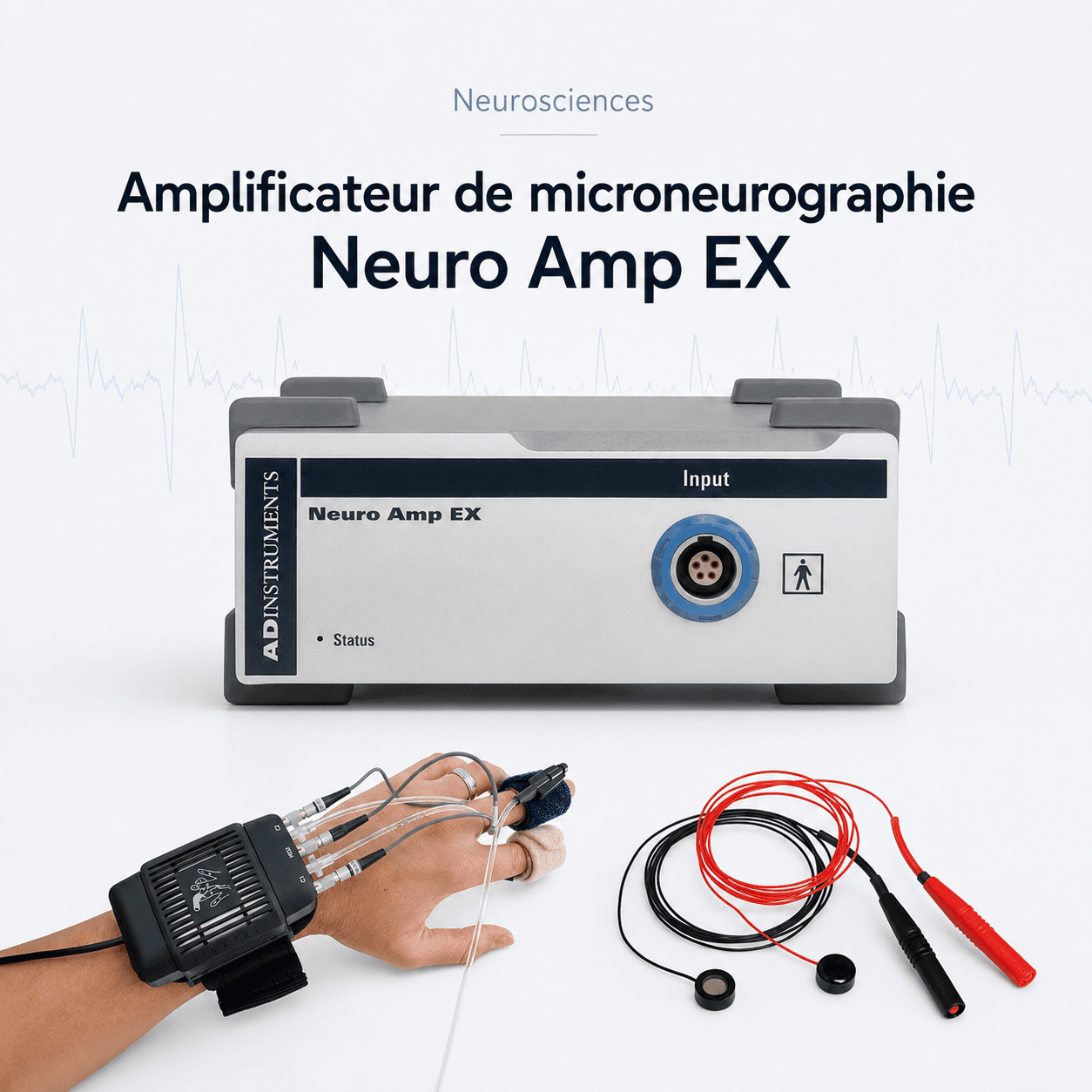 Amplificateur de microneurographie Neuro Amp EX : vue principale du dispositif et de ses principaux composants visibles