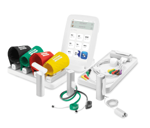 Tablette MESI mTABLET entourée de brassards, capteurs et modules de diagnostic sans fil