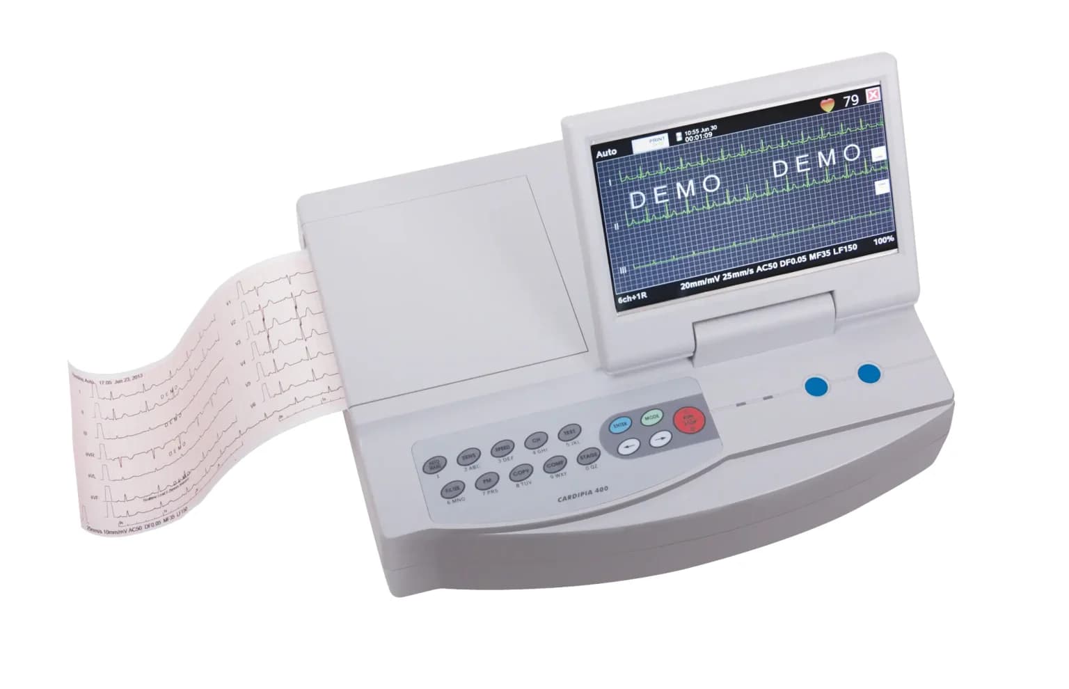 Électrocardiographe CardiPIA 400H : vue principale du dispositif et de ses principaux composants visibles