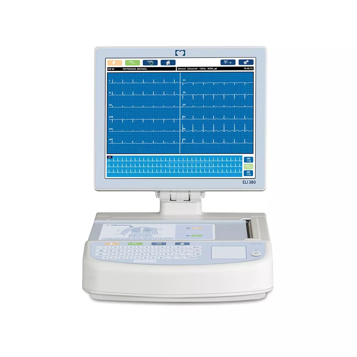 Électrocardiographe de repos ELI 380 : vue principale du dispositif et de ses principaux composants visibles