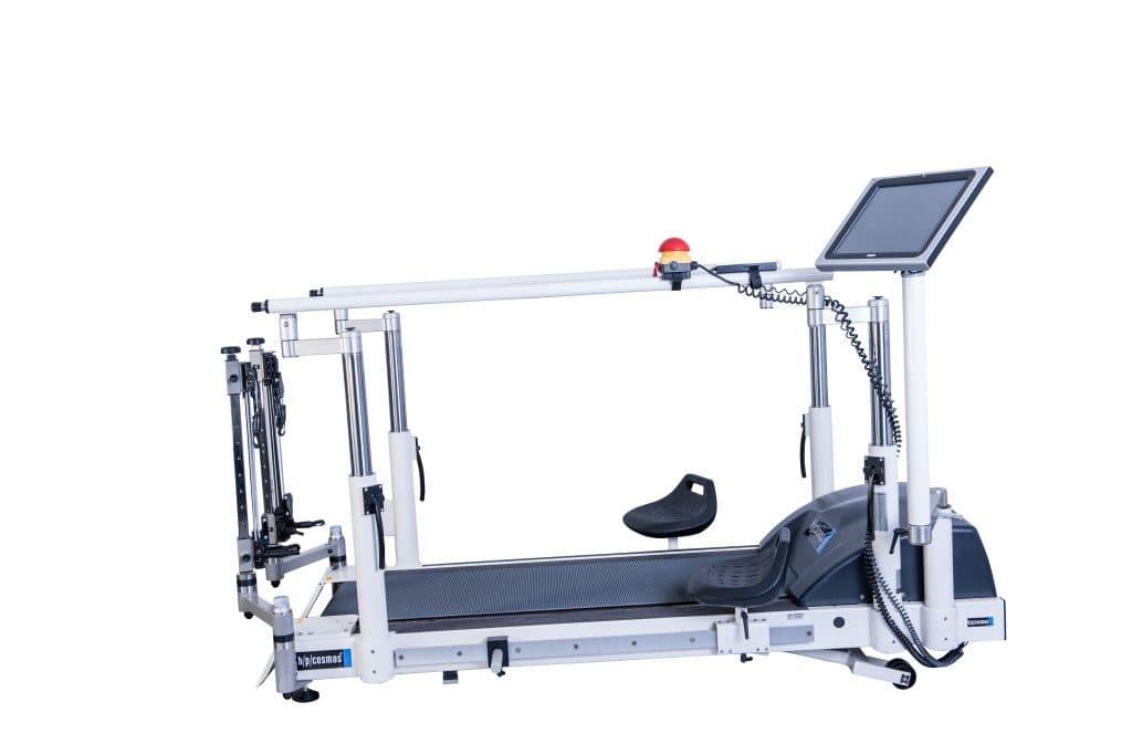 Tapis roulant de neuro-rééducation H/P/Cosmos locomotion® : tapis roulant avec barres parallèles, harnais de délestage et console de contrôle