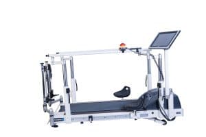 Tapis roulant de neuro-rééducation H/P/Cosmos locomotion® : tapis roulant avec barres parallèles, harnais de délestage et console de contrôle