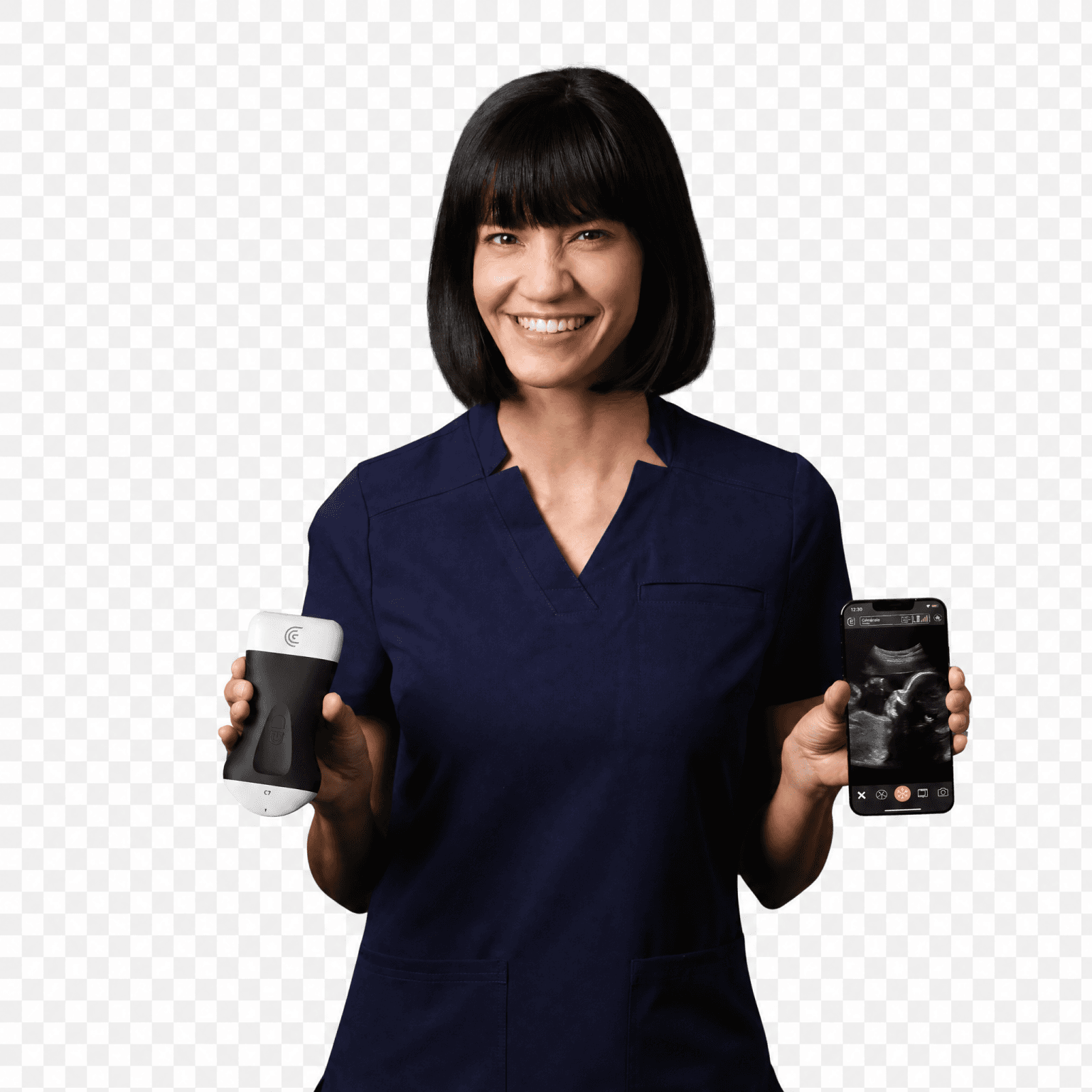 Échographe portable sans fil Clarius C7 HD3 : vue principale du dispositif et de ses principaux composants visibles