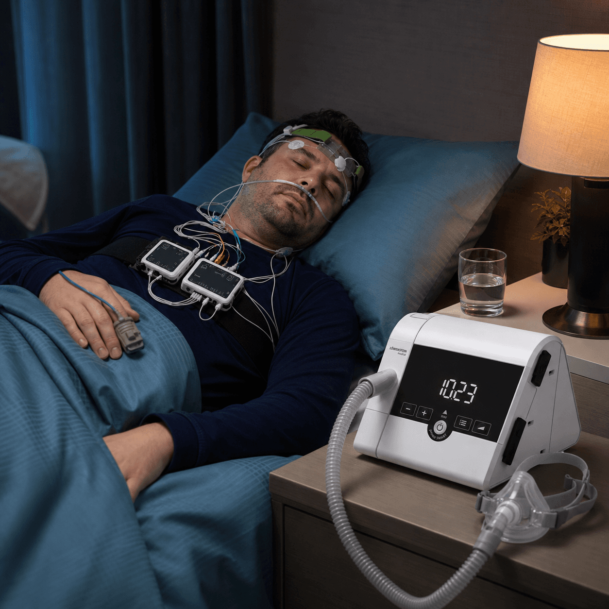 Pack apnée du sommeil — diagnostic et traitement : patient endormi équipé de capteurs respiratoires et d’un appareil de traitement nocturne