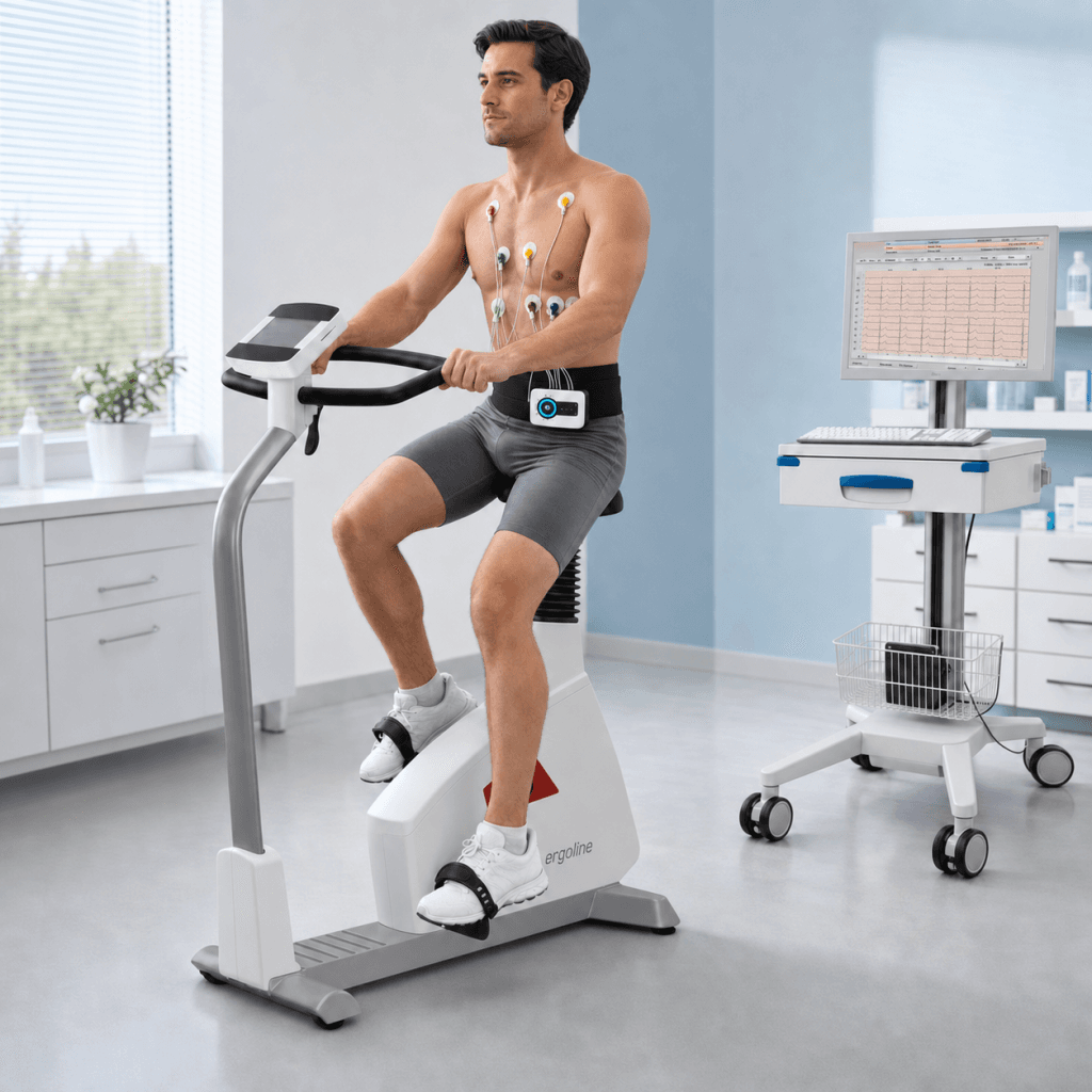 Patient sur vélo ergométrique relié à un système ECG d’effort