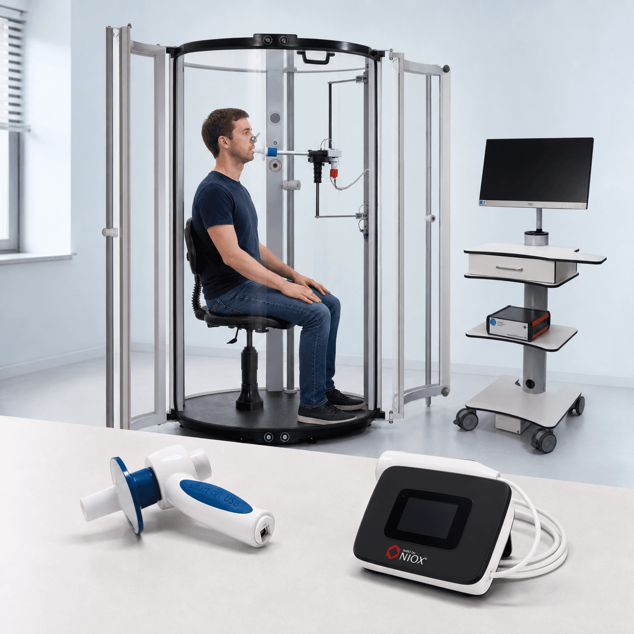 Pack exploration fonctionnelle respiratoire : patient assis dans une cabine d’exploration respiratoire avec spiromètre et poste informatique