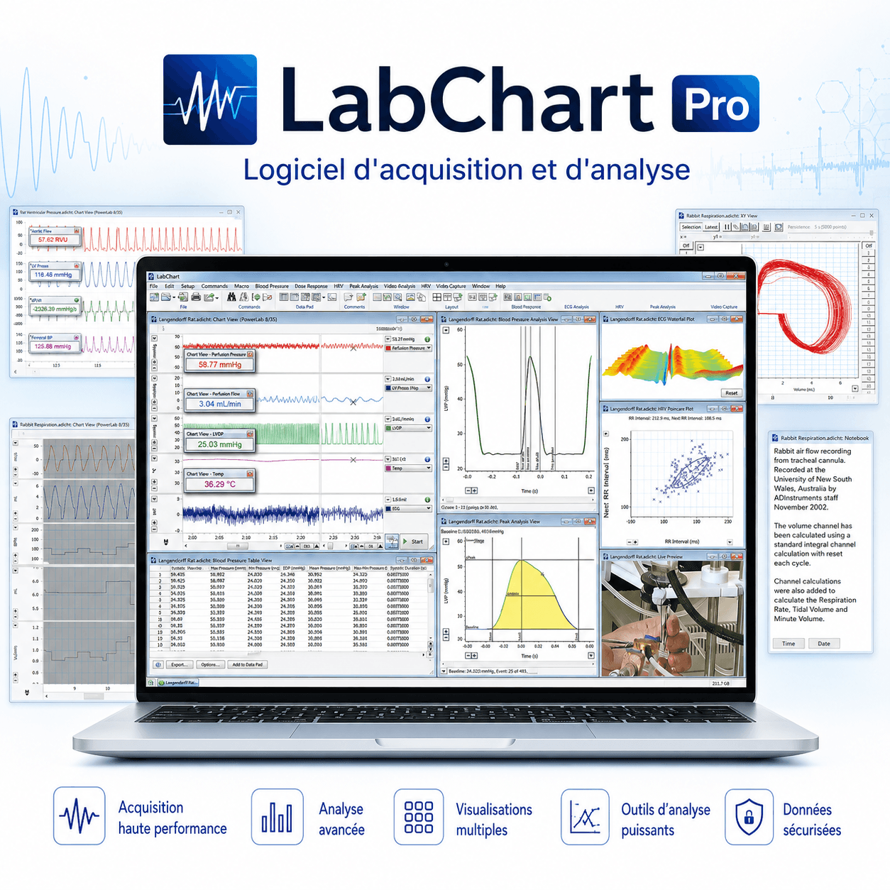 Logiciel d'acquisition et d'analyse LabChart Pro : vue principale du dispositif et de ses principaux composants visibles