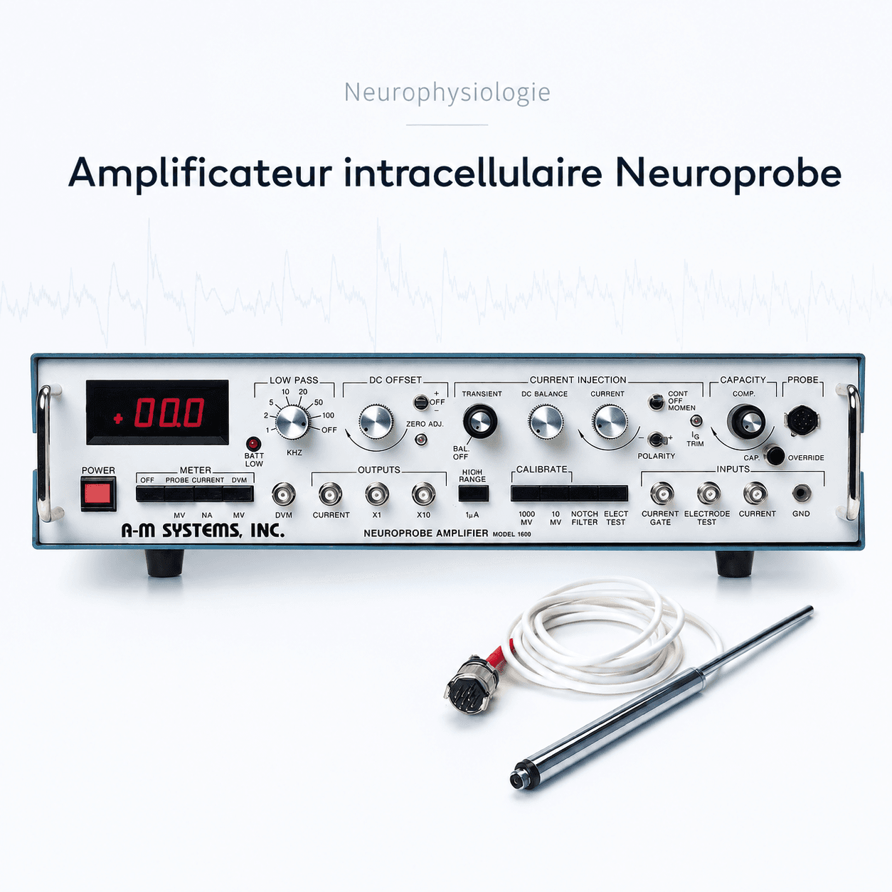 Amplificateur intracellulaire Neuroprobe : vue principale du dispositif et de ses principaux composants visibles
