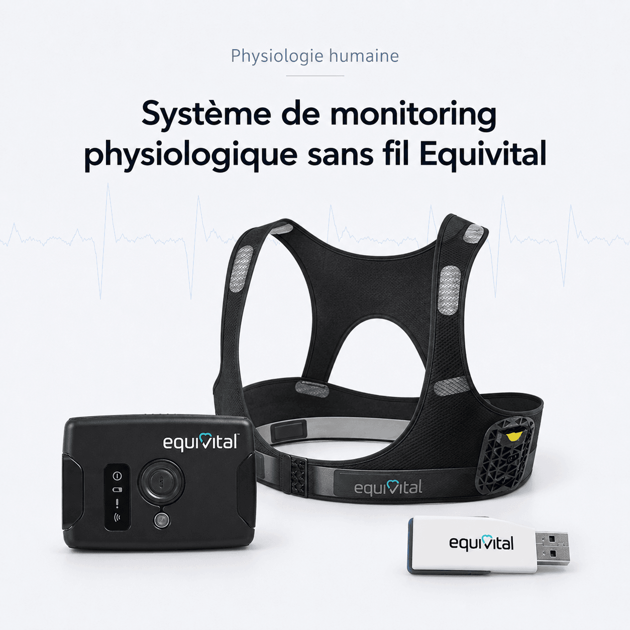 Système de monitoring physiologique sans fil Equivital : vue principale du dispositif et de ses principaux composants visibles