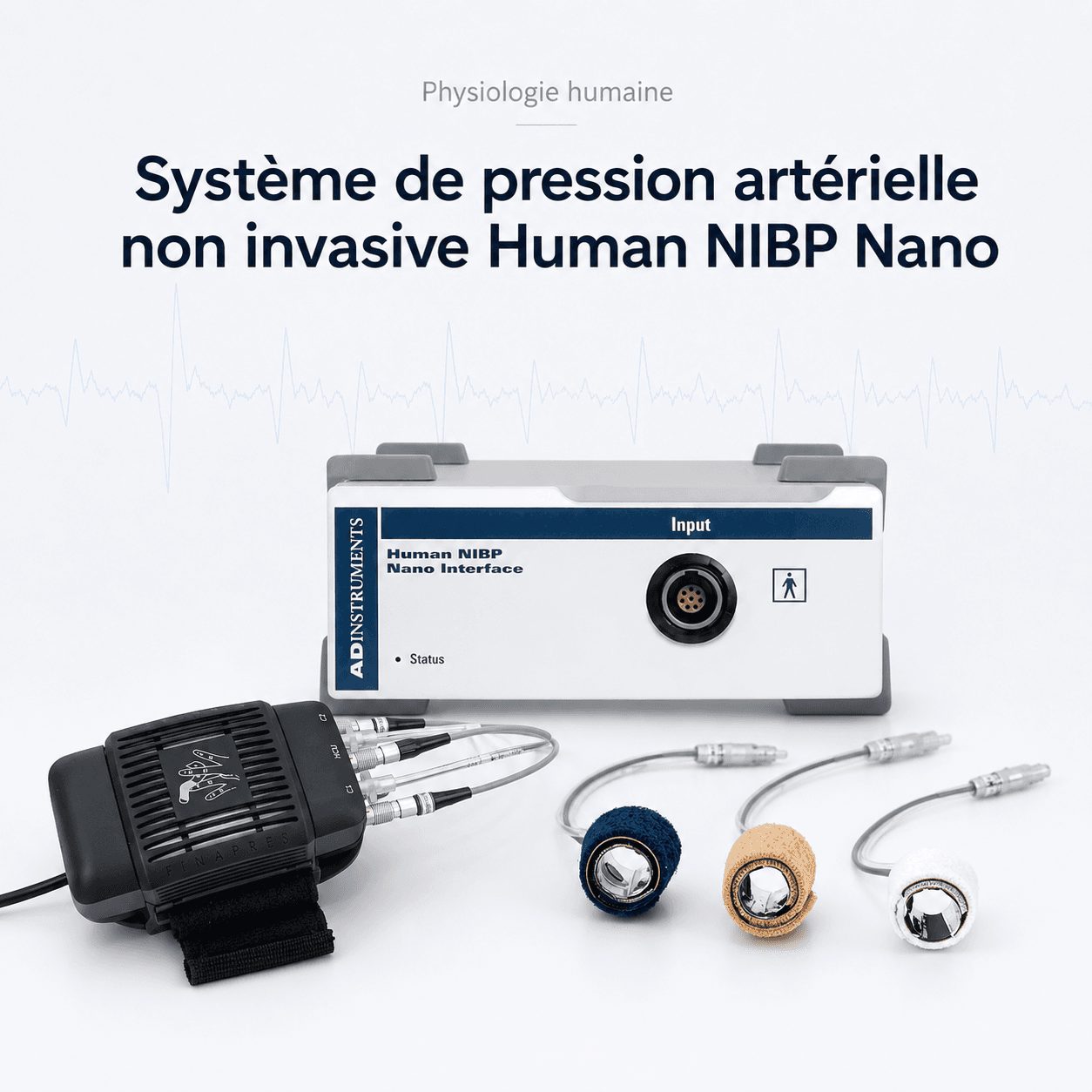 Système de pression artérielle non invasive Human NIBP Nano : vue principale du dispositif et de ses principaux composants visibles