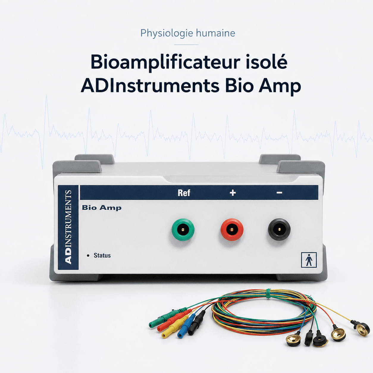 Bioamplificateur isolé ADInstruments Bio Amp : vue principale du dispositif et de ses principaux composants visibles